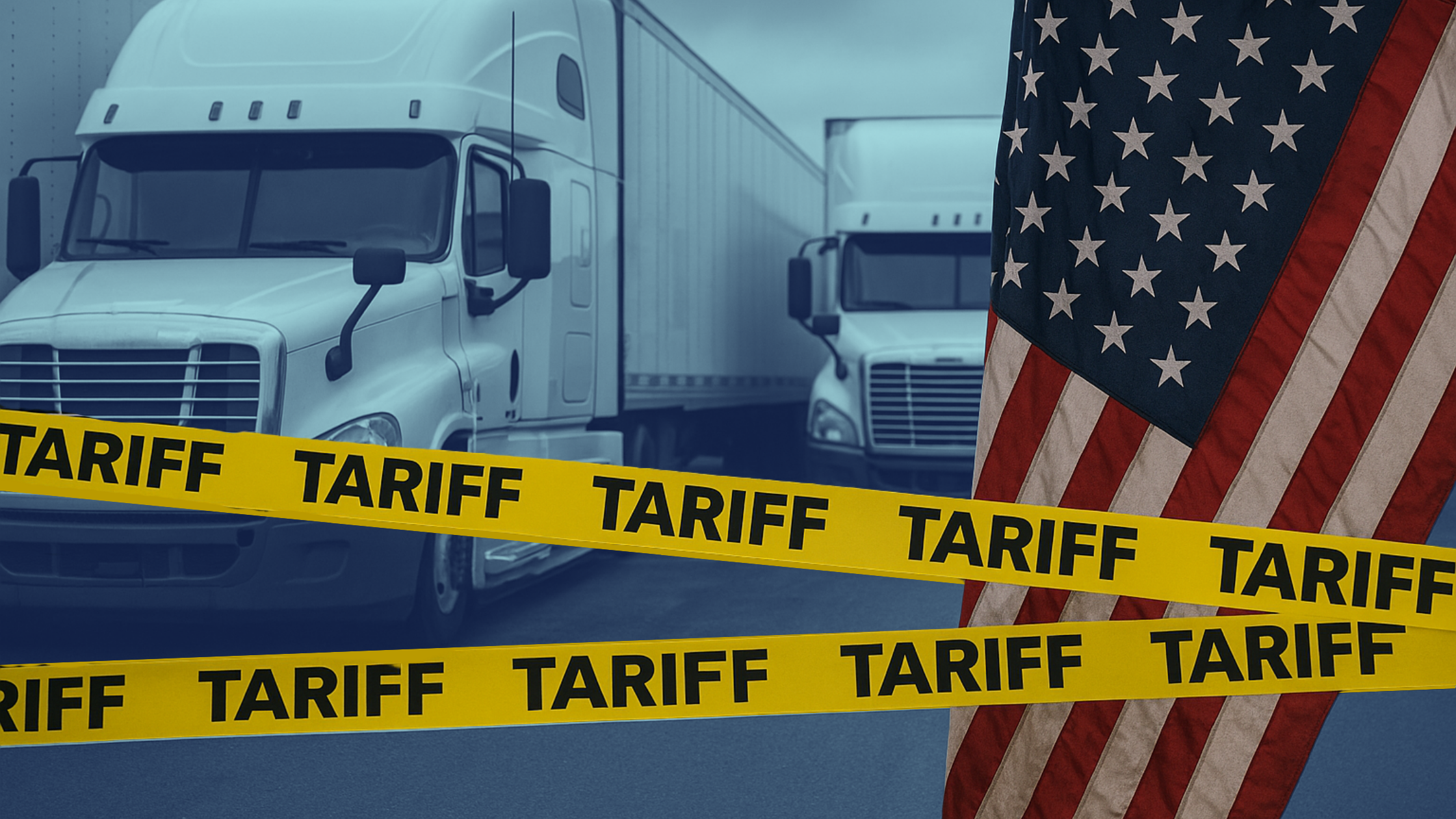 Trucks with American flag and yellow tariff tape overlay